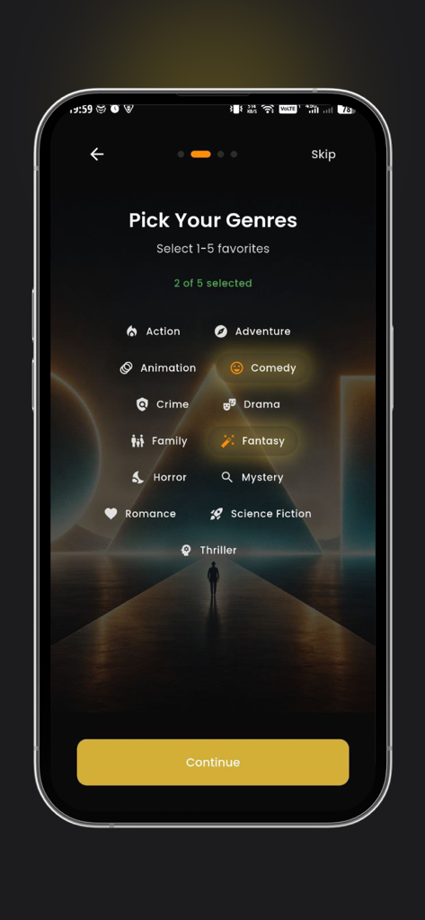 Flickory - The Flickory app onboarding screen where users select their favorite movie genres.