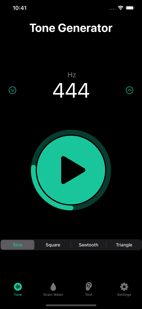 Interfaccia dell'app Generatore di Toni che visualizza un'impostazione di frequenza di 444 Hz con un grande pulsante di riproduzione verde e selezione onda sinusoidale.