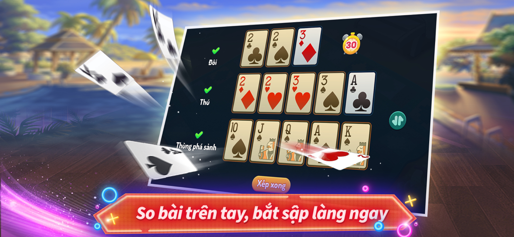 Mậu Binh Xập Xám Pro ZingPlay - Mau Binh card game interface showing arranged hands of thirteen cards in three rows