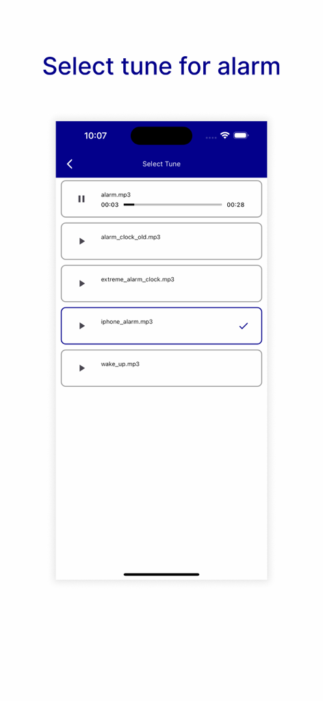 Anti Theft Alarm: Don't touch - Interface of the Anti Theft Alarm app showing a list of selectable alarm sounds like alarm clock and extreme alarm tunes