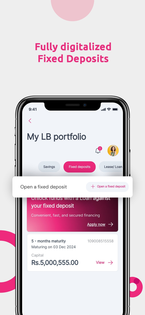 LB CIM - Pantalla de la aplicación móvil LB CIM que muestra una cartera digital de depósitos a plazo fijo con detalles de inversión y opciones para abrir nuevas cuentas