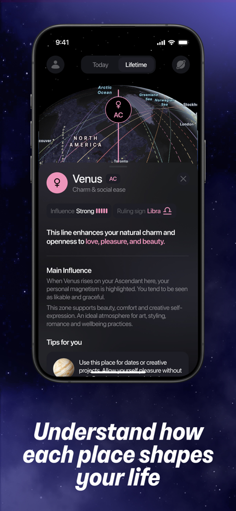 A screenshot of the Astrocartography AI Pathfinder app showing the Venus AC line influence and descriptive details on a world map.
