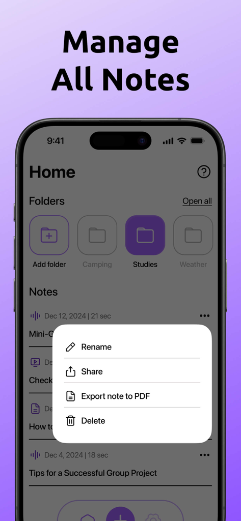 Interfaz de la aplicación mostrando carpetas de notas y un menú con opciones para renombrar, compartir o exportar notas a PDF.