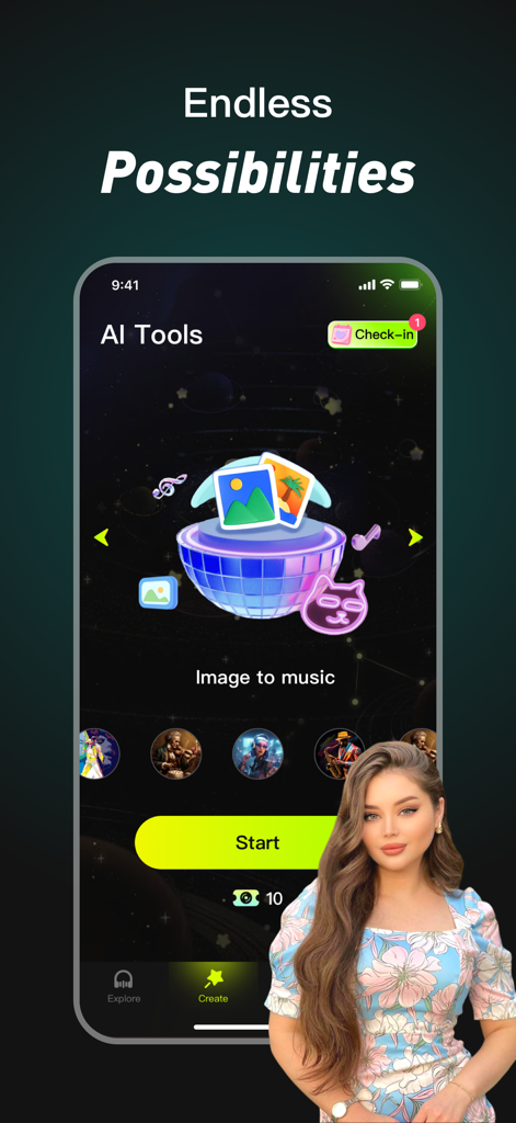 Bora app interface showing the image to music AI feature with a start button