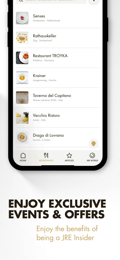 Captura de pantalla de la aplicación móvil JRE que muestra una lista de restaurantes de alta cocina y ofertas exclusivas para miembros