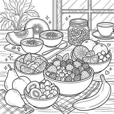 Unwind with this delightful coloring page featuring a bountiful full scene of fresh fruit bowls and a healthy breakfast spread. Perfect for all ages, it offers a refreshing artistic escape.