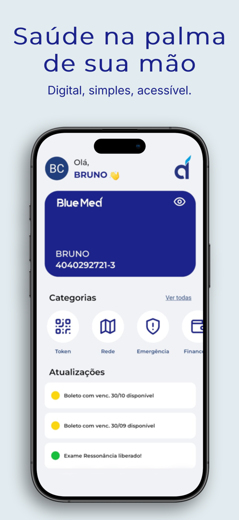 Blue Med App - Pantalla del móvil de Blue Med App mostrando la tarjeta de seguro digital y el menú de servicios de salud.