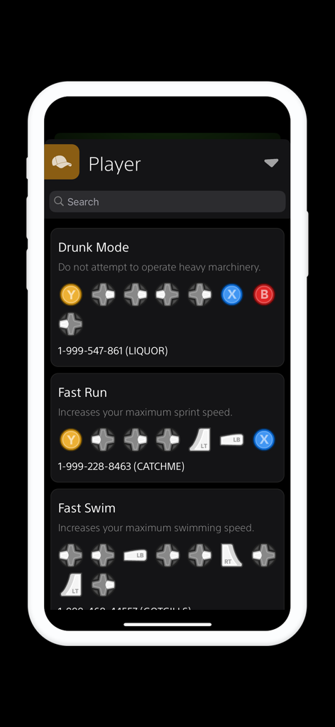 음주 모드 및 빠른 달리기 플레이어 코드를 보여주는 GTA V 치트 앱 스크린샷
