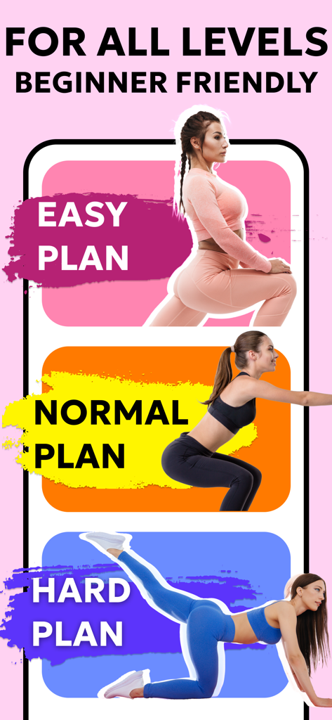 Buttocks and Legs Workout - Screenshot of Buttocks and Legs Workout app showing three difficulty plans Easy Normal and Hard with women performing different glute exercises