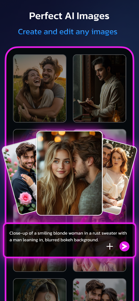 Mobile app interface displaying AI generated couple portraits and a text prompt for image creation