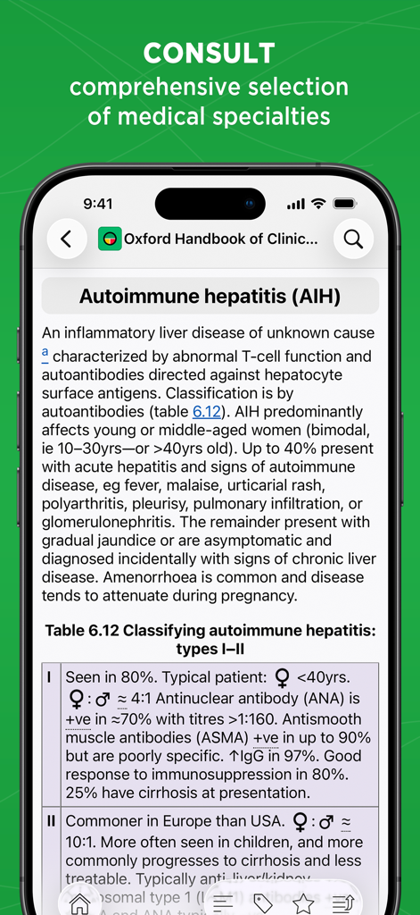 Oxford Handbook Clinical Med - 자가면역 간염 및 분류 표에 대한 정보를 보여주는 옥스퍼드 임상 의학 핸드북 앱