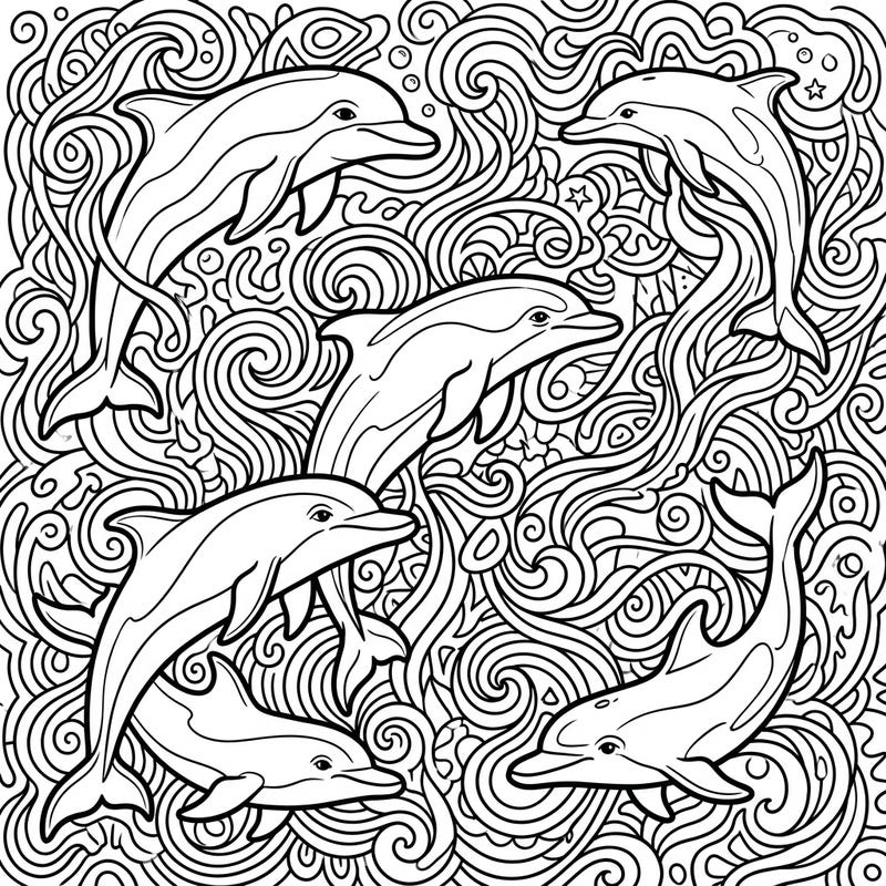 Experience the joy of coloring with this captivating page featuring playful dolphins in a vibrant, psychedelic world. The intricate designs promise hours of creative relaxation, blending marine life with mesmerizing patterns.