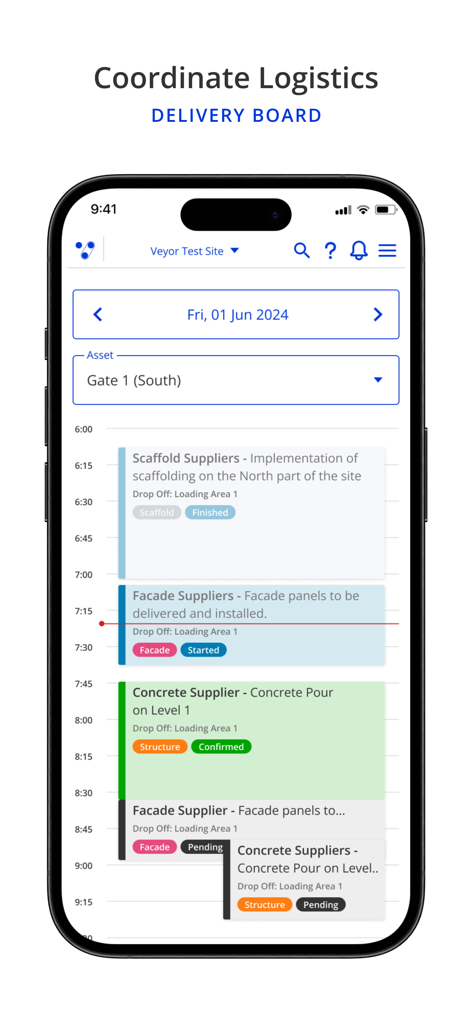 Veyor - Veyor construction logistics app displaying a daily delivery schedule board on a smartphone