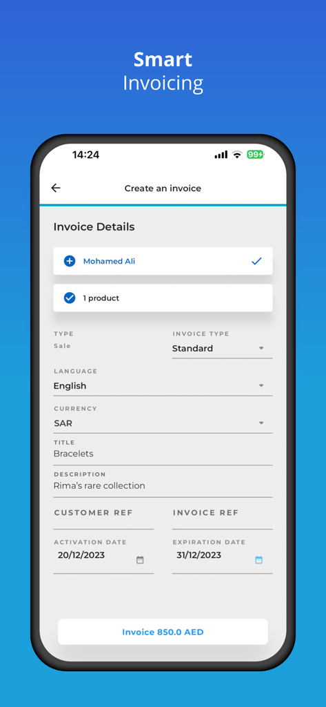 PayTabs - PayTabs mobile app screen for creating a new business invoice with custom details
