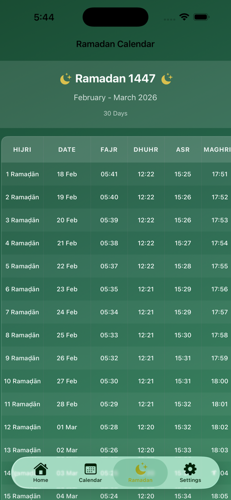 Ramadan 2026 Calendar - Interfaz del calendario Ramadán 2026 con horarios de oración diarios y fechas Hijri