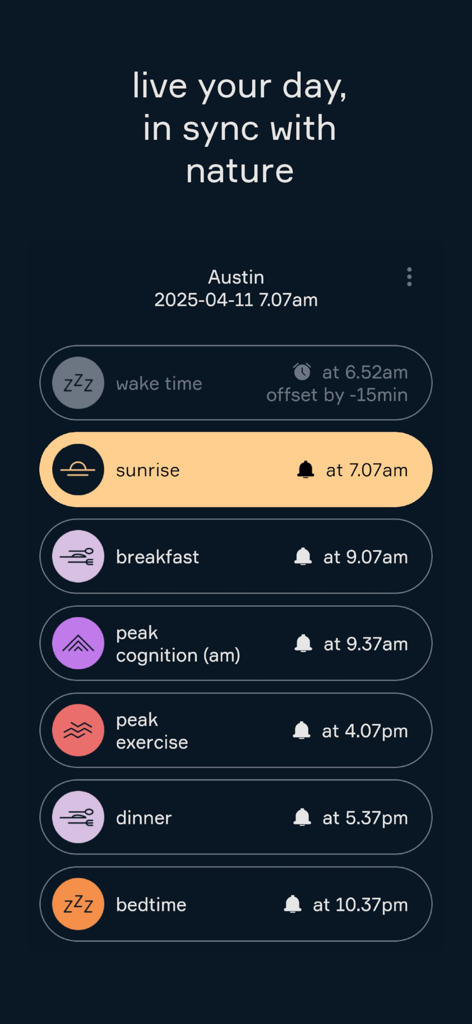Circadian: Your Natural Rhythm - A daily schedule on the Circadian app showing meal, exercise, and sleep times synced with the natural sunrise.