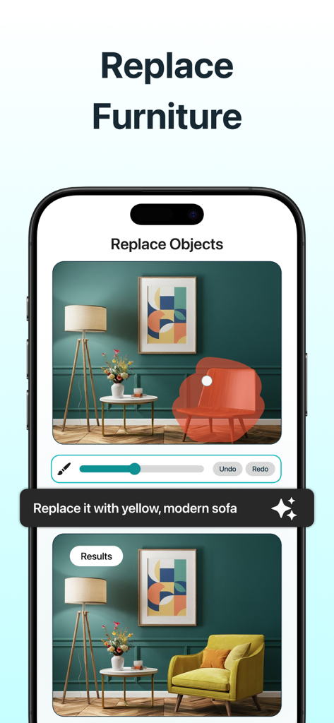 AI Home & Room Interior Design - Eine mobile App-Oberfläche, die zeigt, wie Möbel in einem Raum mithilfe von KI und einer Texteingabe ersetzt werden.