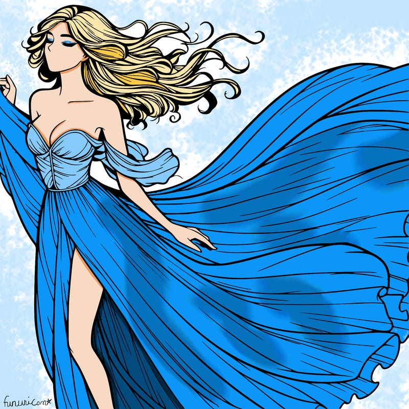 realistic woman in dress flowing the the wind