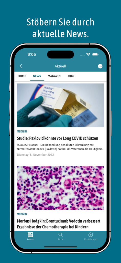 Deutsches Ärzteblatt - Ein Smartphone, das den medizinischen Newsfeed der Deutsches Ärzteblatt App mit Artikeln und Bildern für medizinisches Fachpersonal anzeigt.