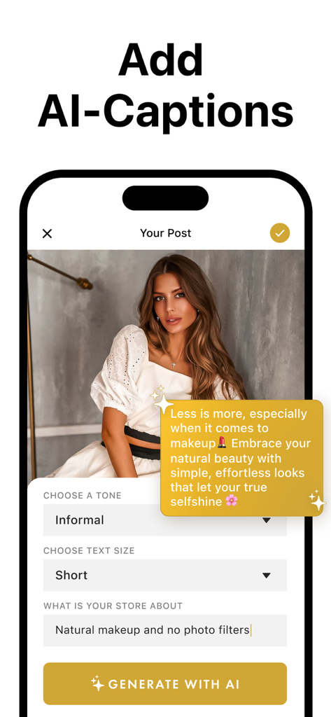 Layout for Instagram・Inpreview - Interface of Inpreview app showing AI caption generation for an Instagram post