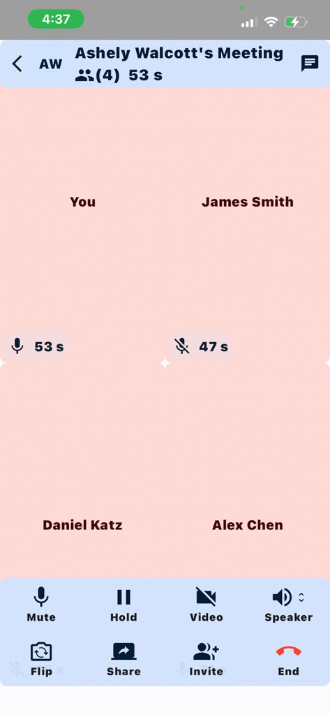 Interfaz de reunión grupal de la aplicación móvil FortiFone que muestra una reunión grupal con cuatro participantes y controles de gestión de llamadas