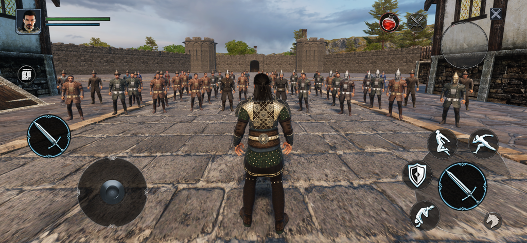 Alparslan: Warlord RPG Game - Alparslan de pie ante su ejército en el patio de un castillo medieval con controles de RPG.