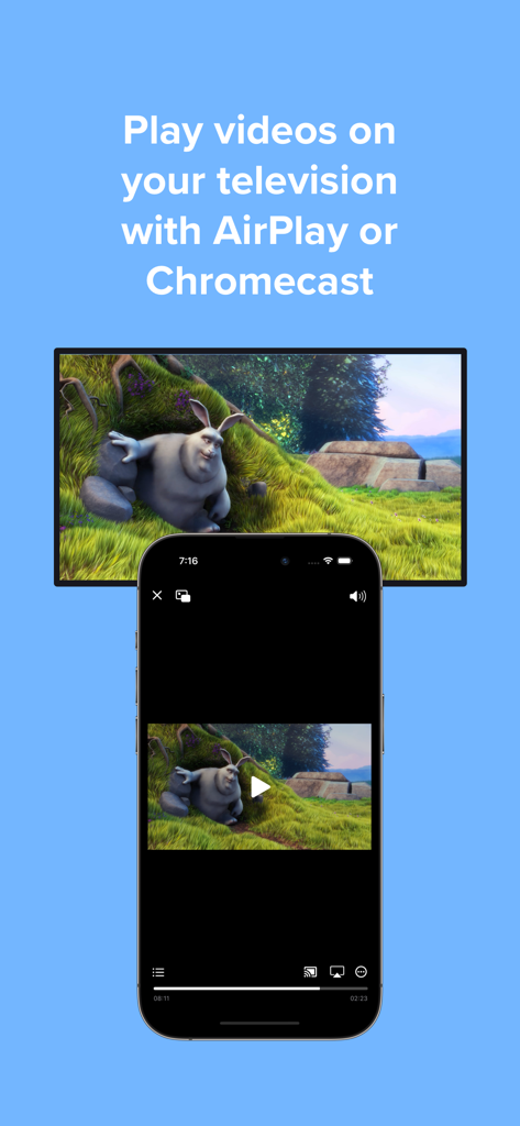 Video Player - PIP and more - Pantalla de iPhone y televisión reproduciendo un video simultáneamente a través de AirPlay o Chromecast.