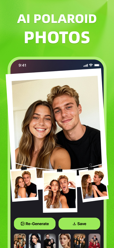 PhotoKit: Cleanup your storage - スタイリッシュなカップルのポートレートを表示するAIポラロイド写真機能を備えたPhotoKitアプリのスクリーンショット。