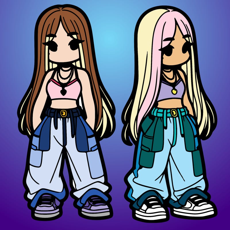 girl in baggy pants crop top and long hair