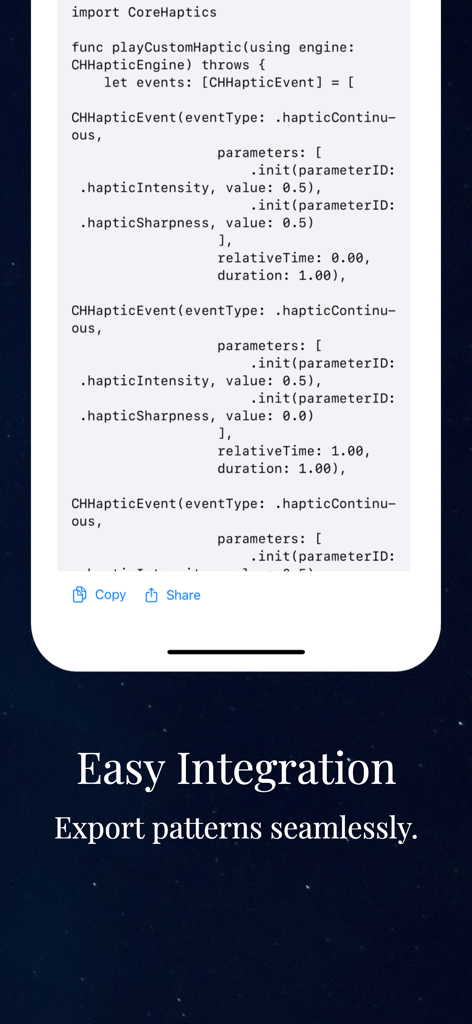 HapticCode - Swift code snippet in HapticCode showing a custom haptic function for easy integration into Xcode projects.