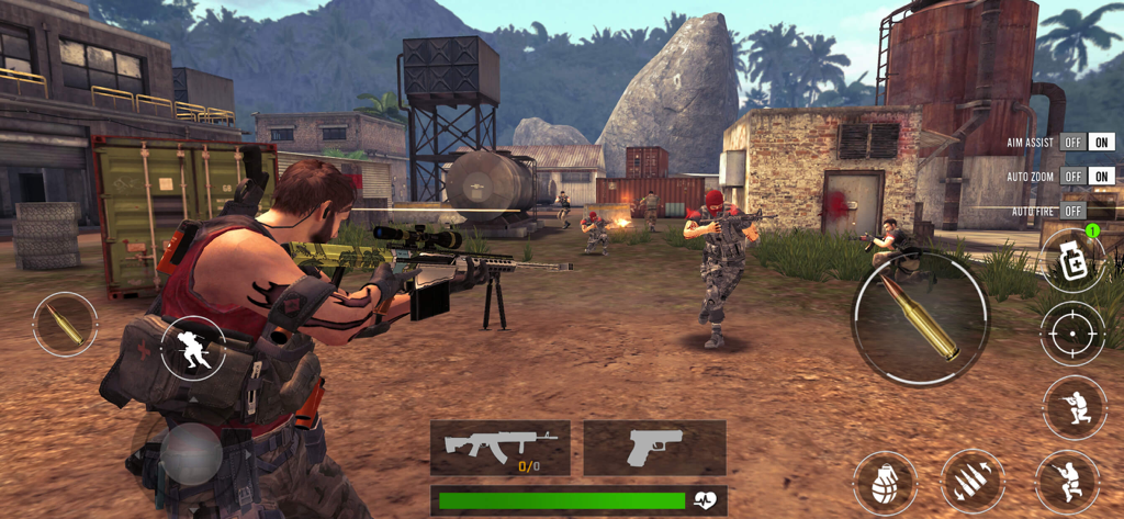 Una scena di gameplay di uno sparatutto in terza persona da Gun Zone che mostra un giocatore che mira con un fucile da cecchino in un'arena di combattimento industriale.