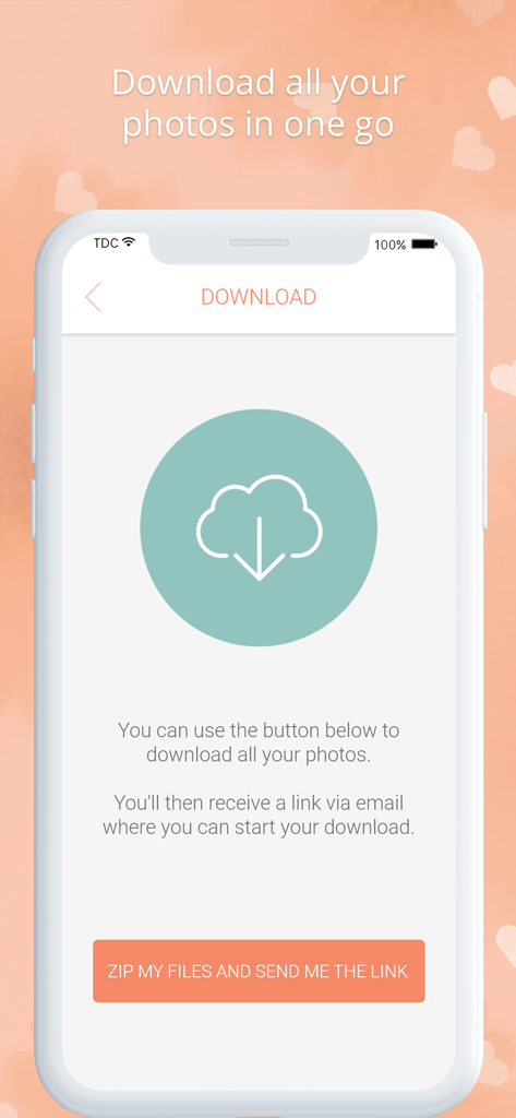 Wedding photo app by Wedbox - Interface of Wedbox app showing options to download all wedding photos in a zip file