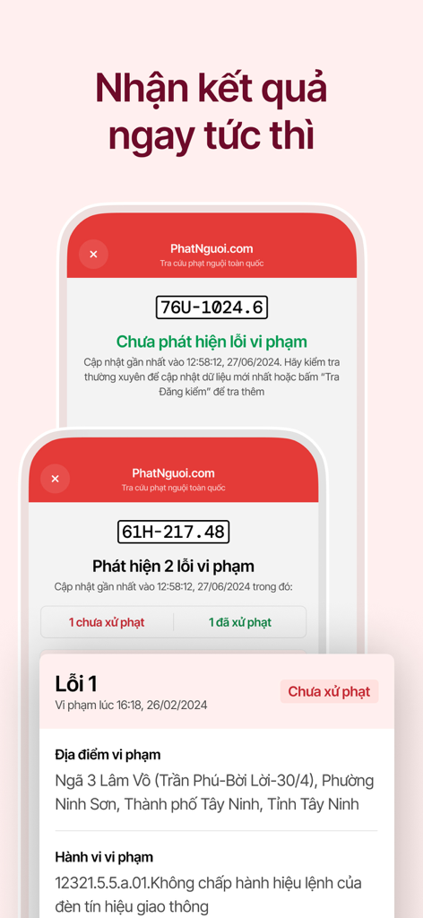 Tra cứu phạt nguội toàn quốc - Instant results for Vietnamese traffic fine lookups showing violation details and status