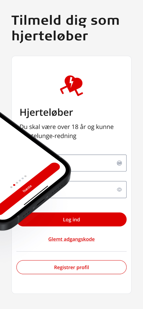 Login and registration screen for TrygFonden Hjerteløber cardiac arrest first responder app