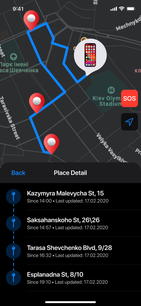 Interfaz de mapa que muestra el historial de ubicaciones en tiempo real y el seguimiento de rutas con marcas de tiempo