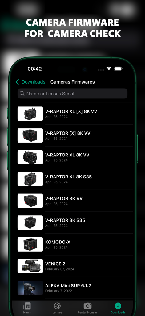List of professional cinema camera firmwares available for download in the Lens Rental app.