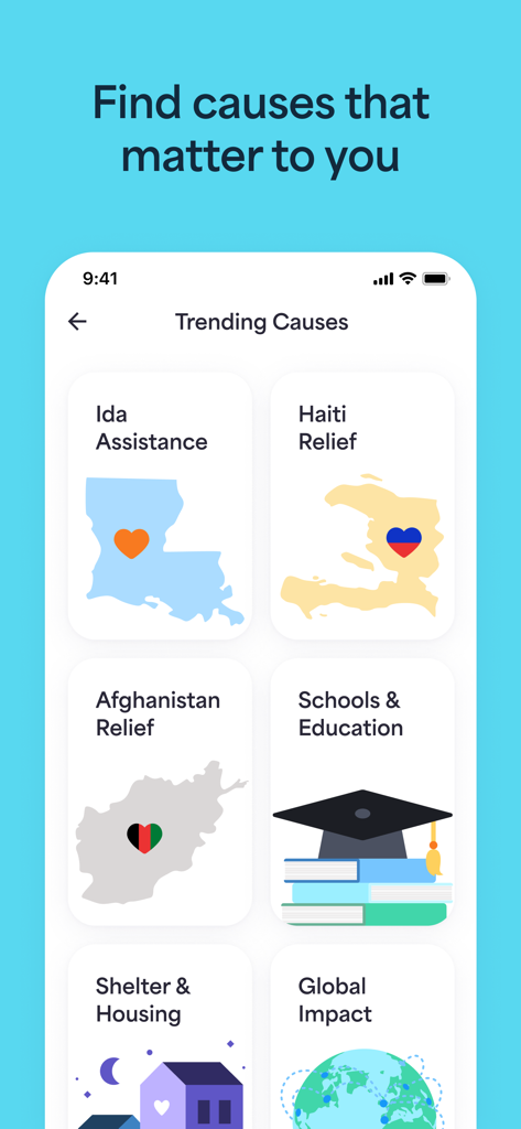Givelify Mobile Giving App - Givelify app interface displaying trending charitable causes for donations