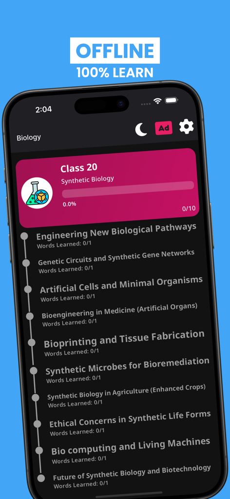Biology Pro - Biology Pro mobile app interface displaying synthetic biology lessons and offline learning status.