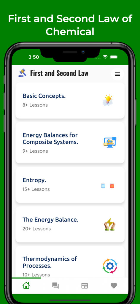 Screenshot der App Learn Chemical Engineering, der Thermodynamik-Kursmodule wie Entropie und Energiebilanzen zeigt