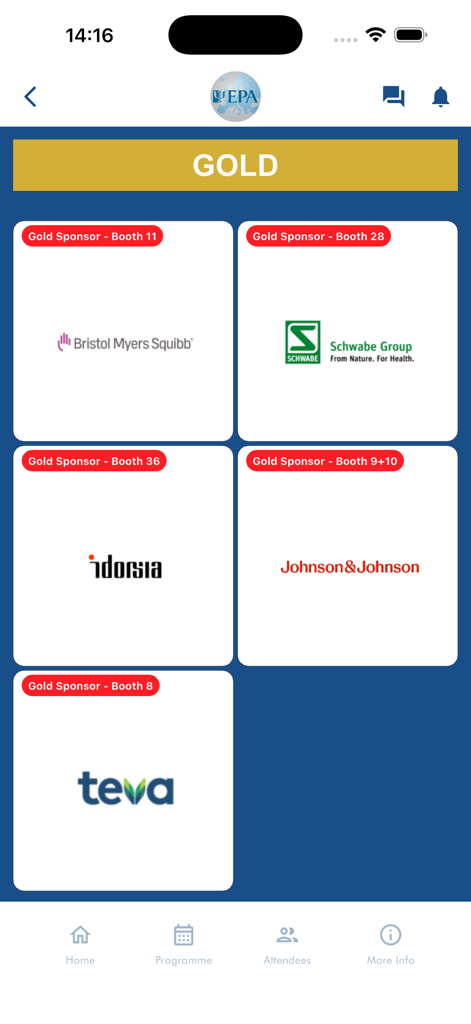 EPA Congress 2026 - Bildschirm, der Goldsponsoren und Ausstellungsstandnummern in der EPA Kongress 2026 App anzeigt