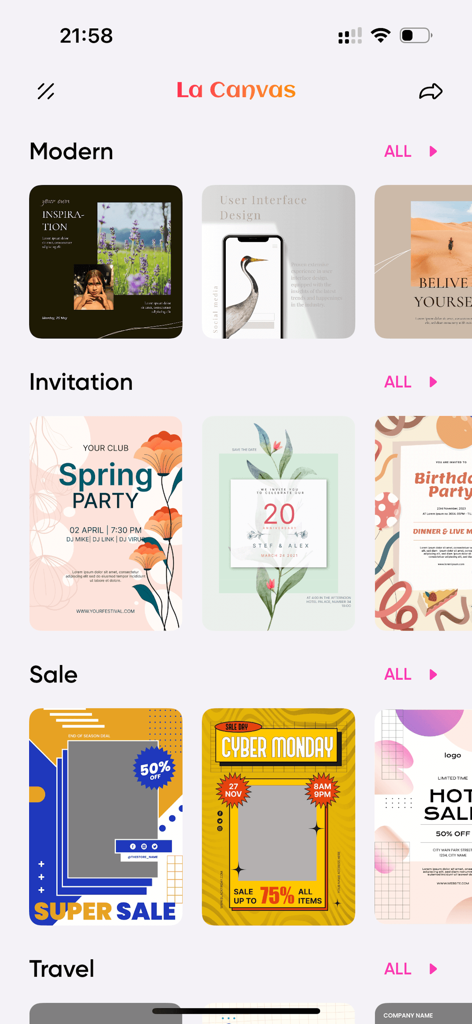 Seleção de modelos modernos de convites e cartazes de promoção no aplicativo Flyer AI.