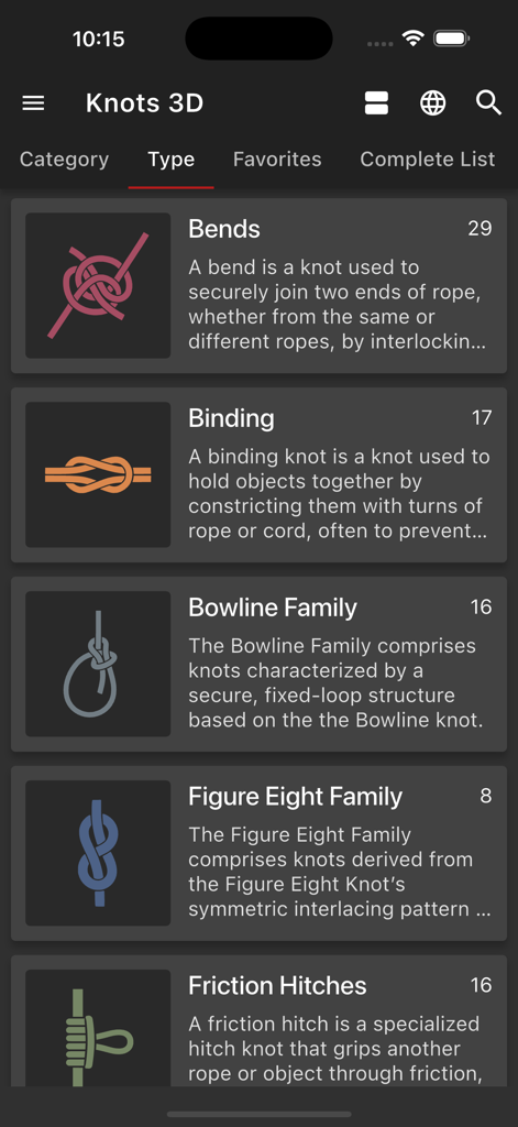 Knots 3D - Interface de l'application Nœuds 3D montrant une liste de catégories de nœuds, y compris les jonctions et les ligatures