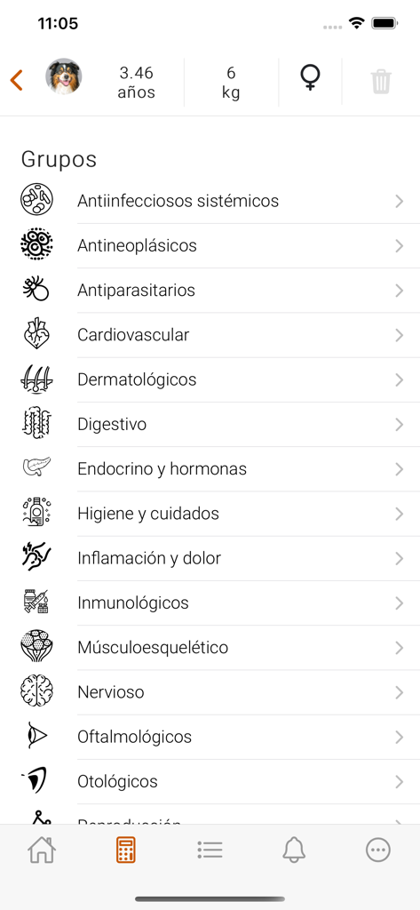 Interfaz móvil de ConsultaVet que muestra una lista de categorías médicas veterinarias y grupos terapéuticos para un perfil de perro.