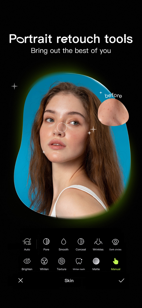 La interfaz de la app Hypic mostrando herramientas de retoque de retratos para suavizar la piel y reducir poros en un retrato femenino.