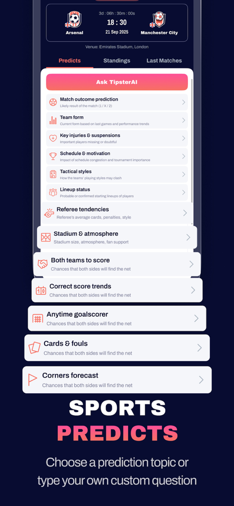 Tipster AI: Sports Predictions - Tipster AI mobile app displaying sports prediction categories