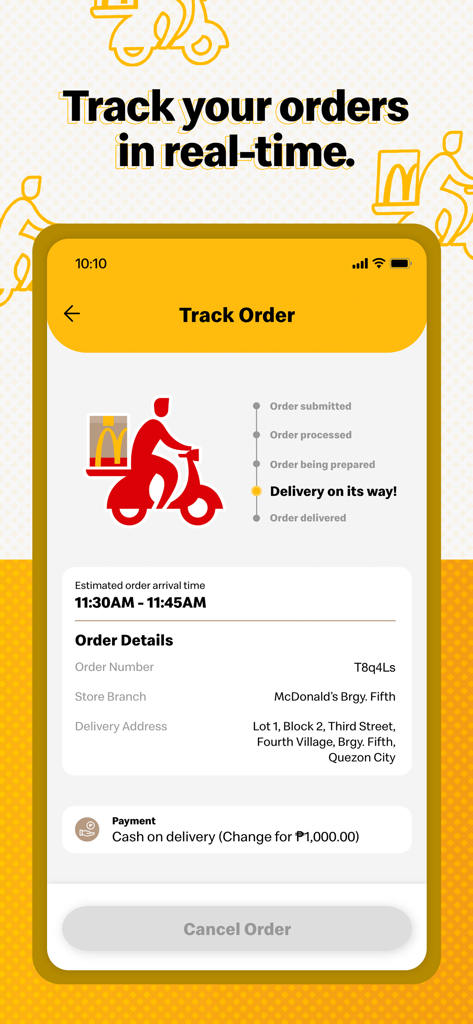 McDelivery PH - A mobile screen from the McDelivery PH app showing real-time order tracking with a delivery status timeline and estimated arrival time.