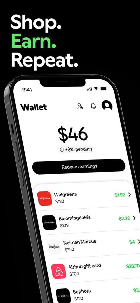 Joko | Cash back & discounts - Interface of the Joko app showing a user wallet with a 46 dollar balance and a list of cashback rewards from multiple brands.