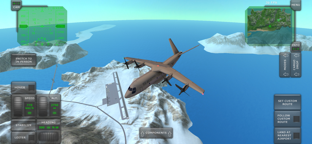 Turboprop Flight Simulator - Uma aeronave VTOL militar marrom voando sobre uma ilha montanhosa nevada com uma pista de aeroporto visível abaixo.