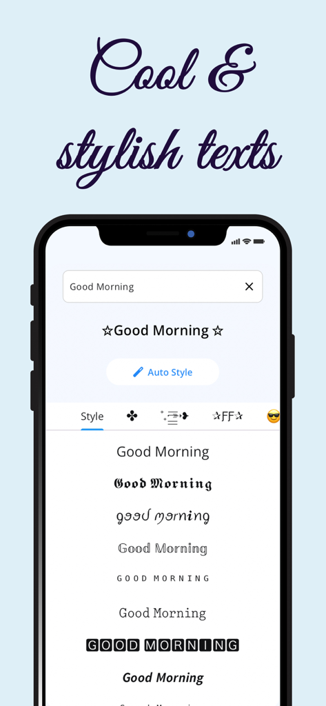Stylish Text: Font Style App - Pantalla de smartphone mostrando la interfaz de la app Stylish Text con varios estilos de fuente decorativos para la frase Buenos Días.