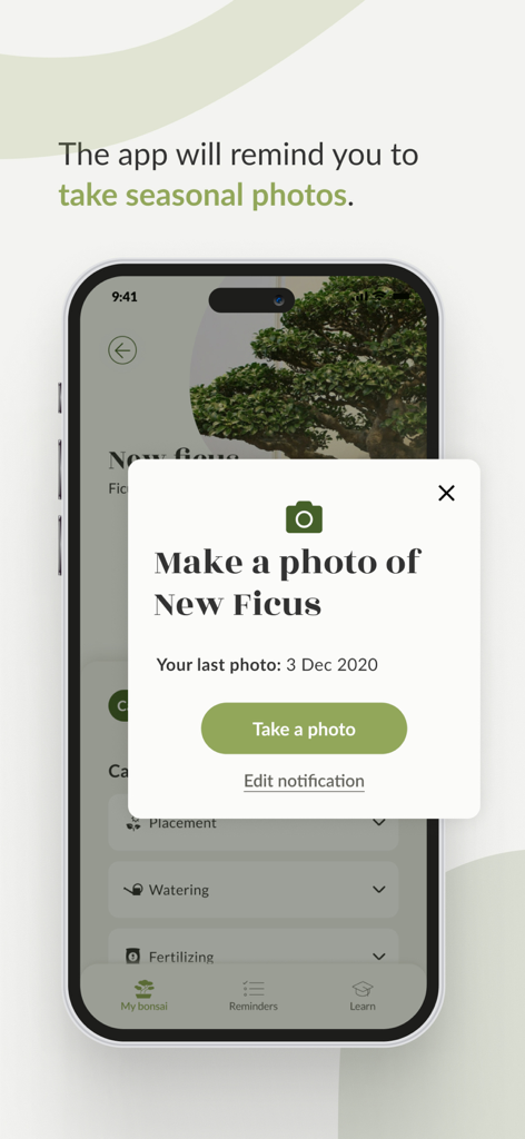 Bonsai Care App - Bonsai Care App screenshot showing a pop up notification to take a seasonal photo of a Ficus tree